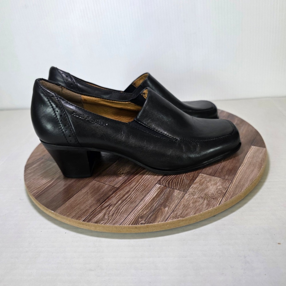 Hush Puppies Leather Loafer Heels Womens 9 Black Square Toe WaveReflex H502654